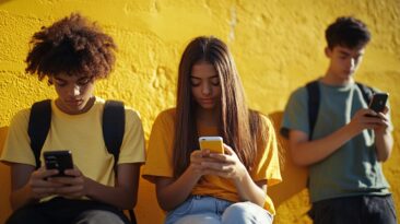 Trois jeunes gens fixent leur téléphone portable.