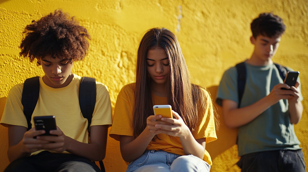 Trois jeunes gens fixent leur téléphone portable.