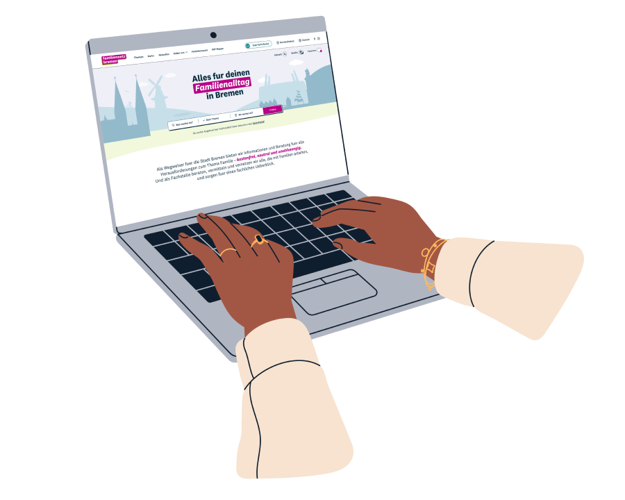 Hände, die am Laptop tippen, auf dem Laptop ist die Seite des familiennetz bremen zu sehen