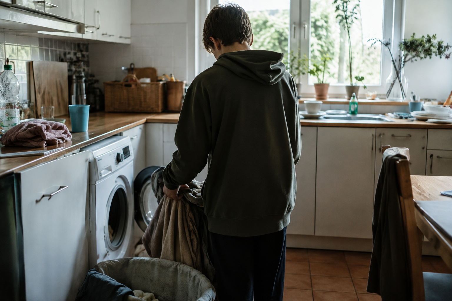 Junge steht in der Küche und kümmert sich um einen Wäscheberg