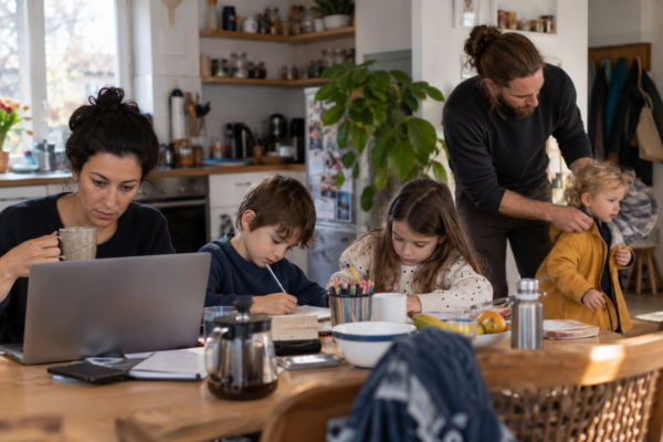 Familie mit drei Kindern am Küchentisch: Die Mutter arbeitet am Laptop, während der Vater dem jüngsten Kind beim Anziehen hilft und die beiden älteren Kinder malen und schreiben.