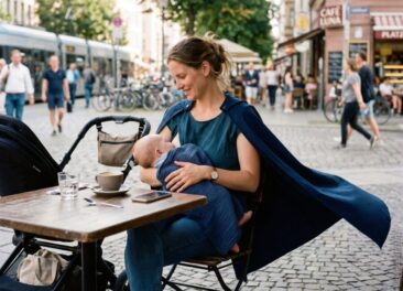 Eine Mutter stillt ihr Kind in einem Café.